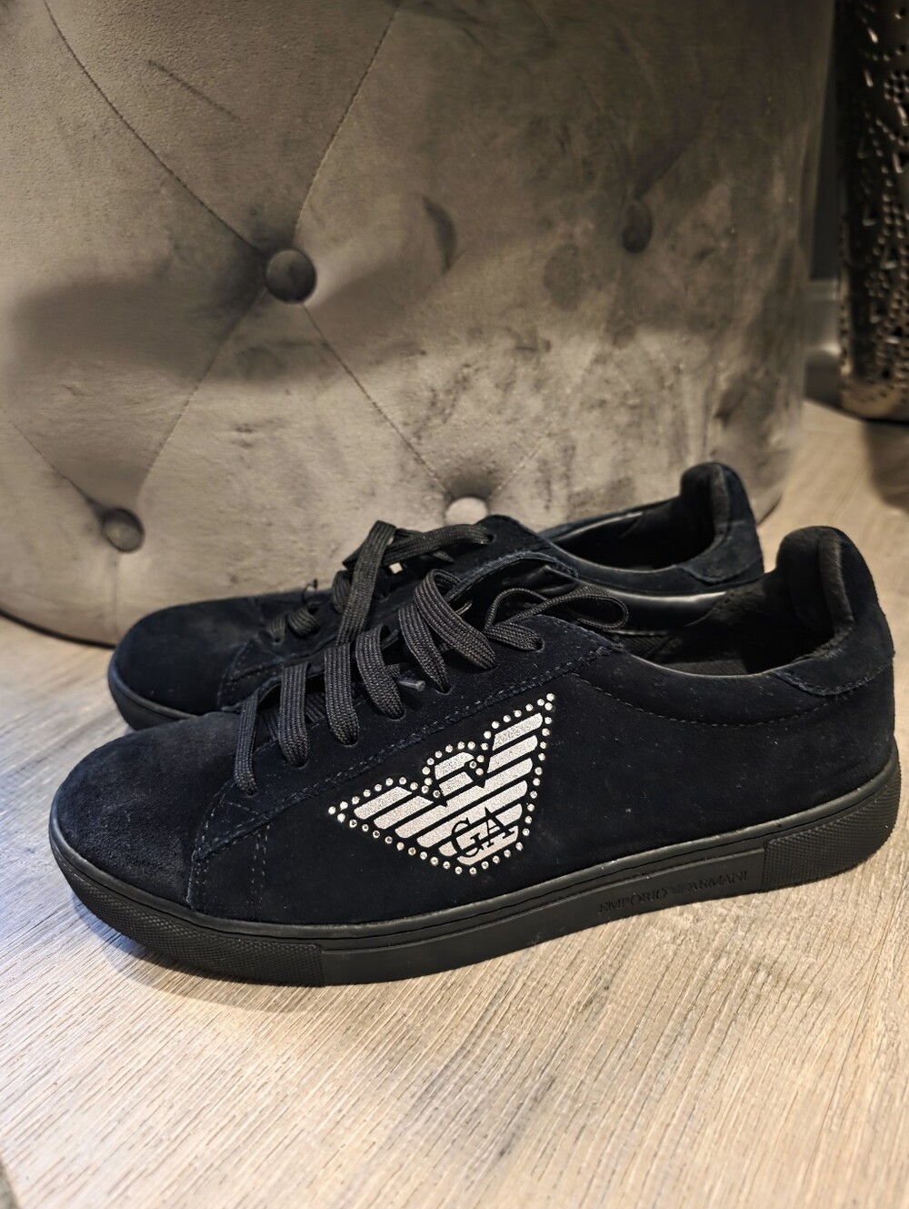 Emporio Armani Women's Black Suede Logo Stud Sneakers